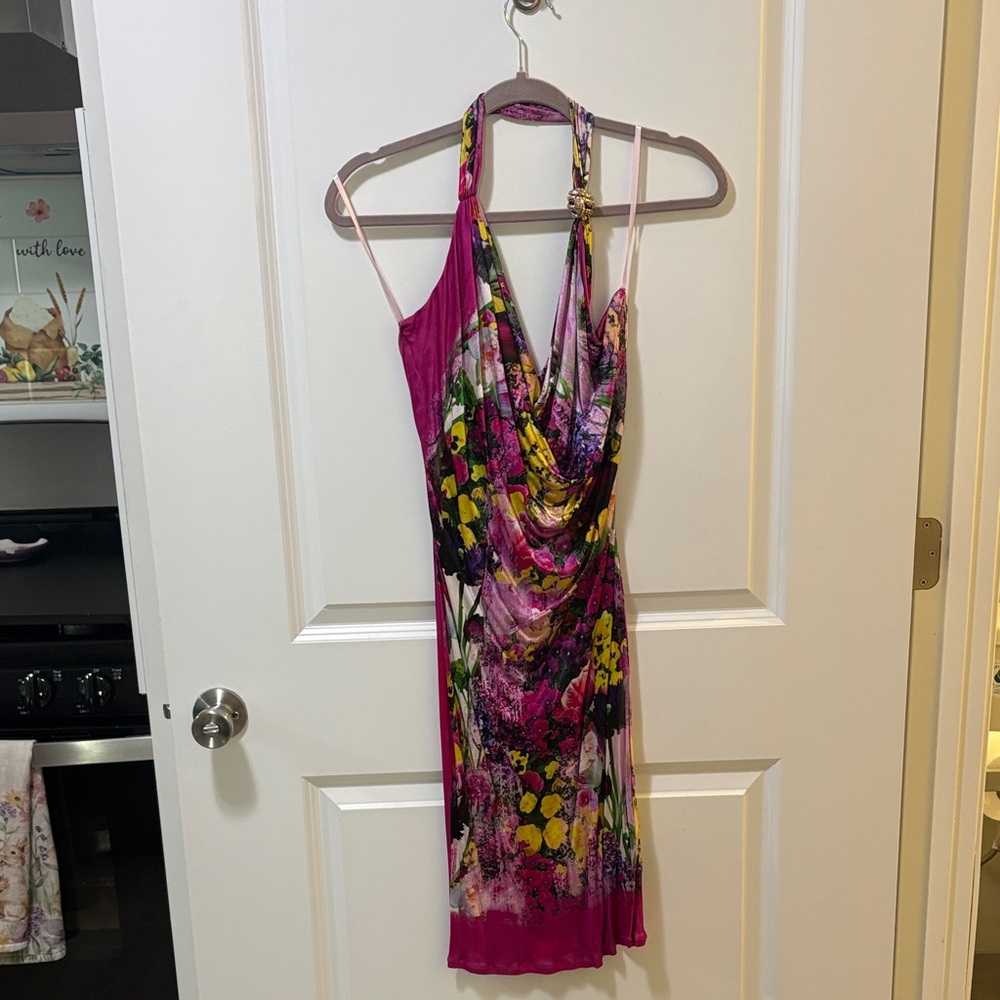 Roberto Cavalli Fuchsia Floral Halter Mini Dress